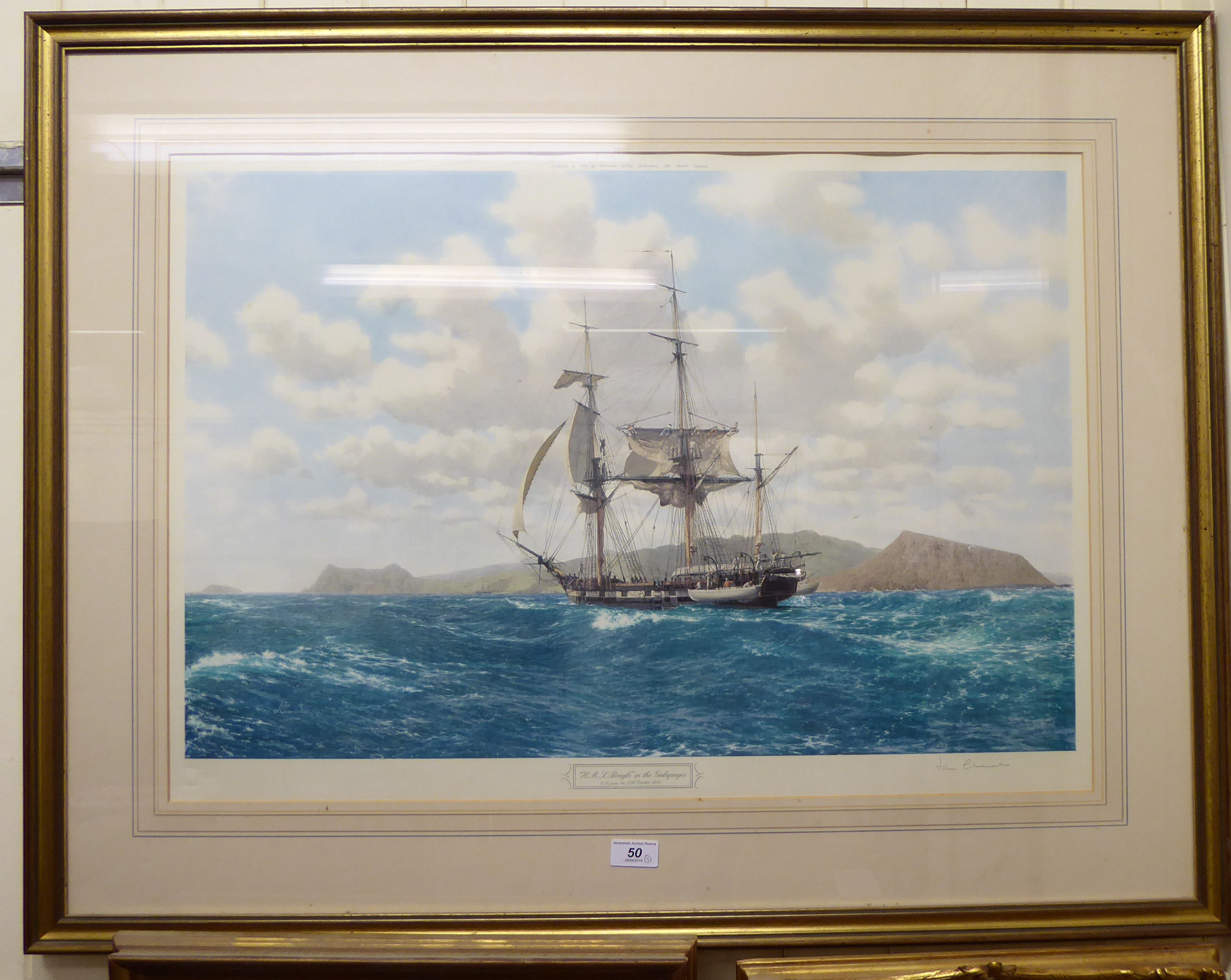 John Chancellor - 'HMS Beagle' print bears a blindstamp & pencil signature 28'' x 18''