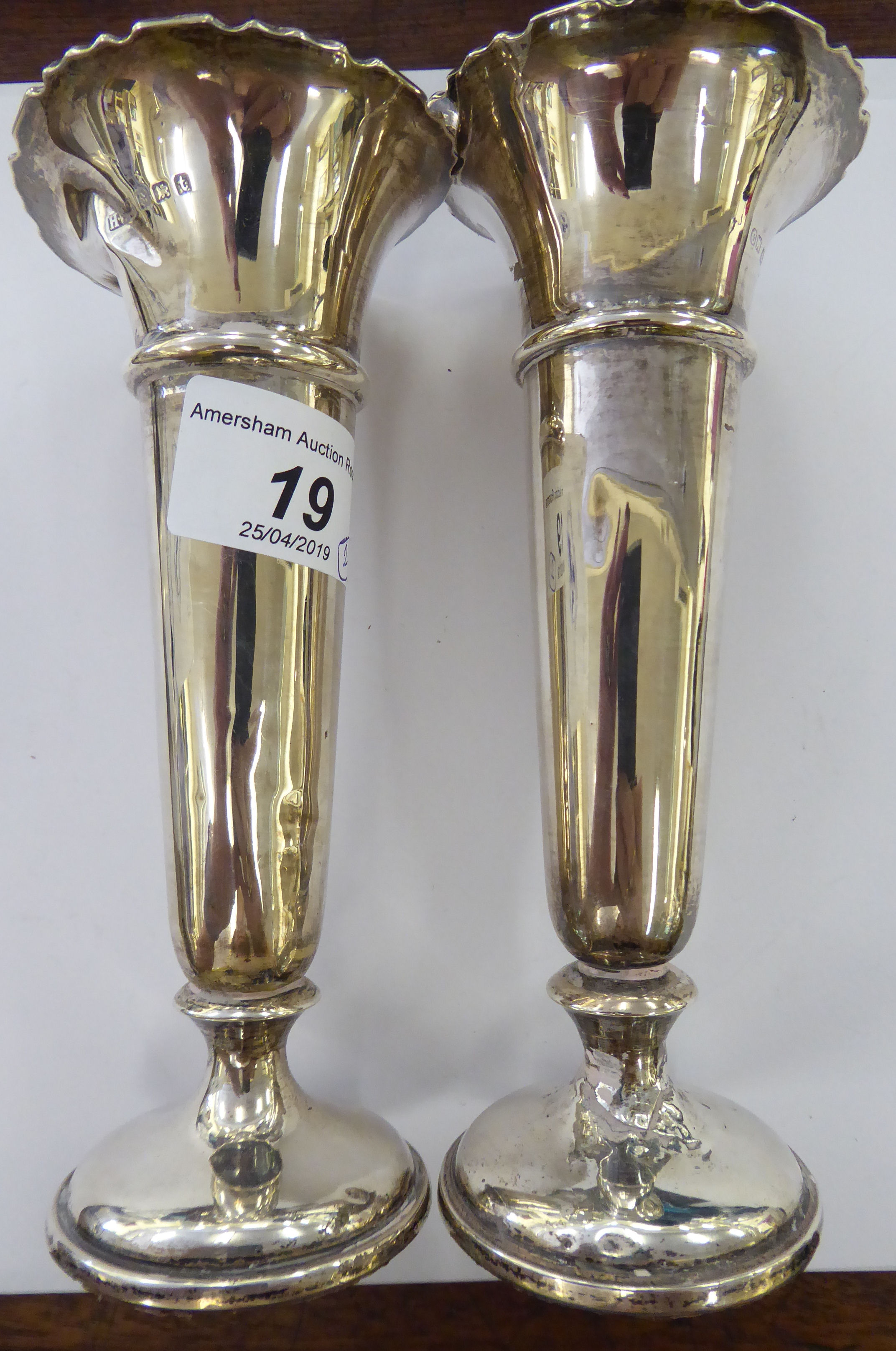 A pair of silver trumpet design specimen vases indistinct Birmingham marks 6''h 11