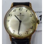 A Zenith 9ct gold cased wristwatch with a silver coloured Arabic dial,