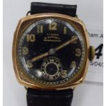 A Climax 9ct gold cased wristwatch with a black Arabic dial,