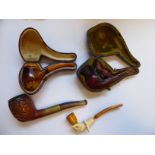 'Antique' carved meerschaum/amber/horn smoker's pipes, viz.