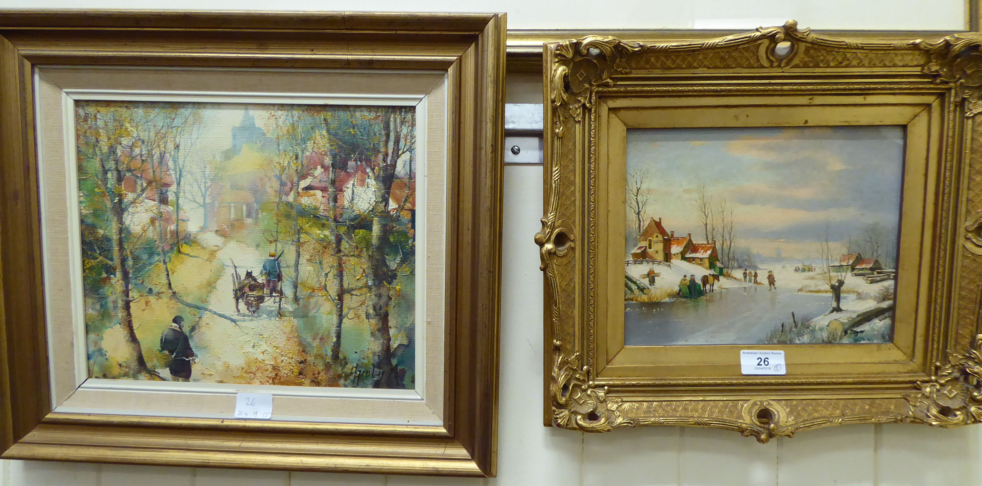 Pictures: to include a Dutch winter canal scene with skating figures oil on panel 7.