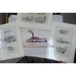 A folio of unframed prints: to include Bell - a study of a steamboat bears a pencil signature
