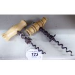 Two similar 19thC turned bone and steel straight pull corkscrews,