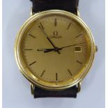 An Omega 18ct gold cased Quartz wristwatch with a gilt baton dial,