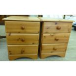 A pair of modern stained pine three drawer bedside chests,