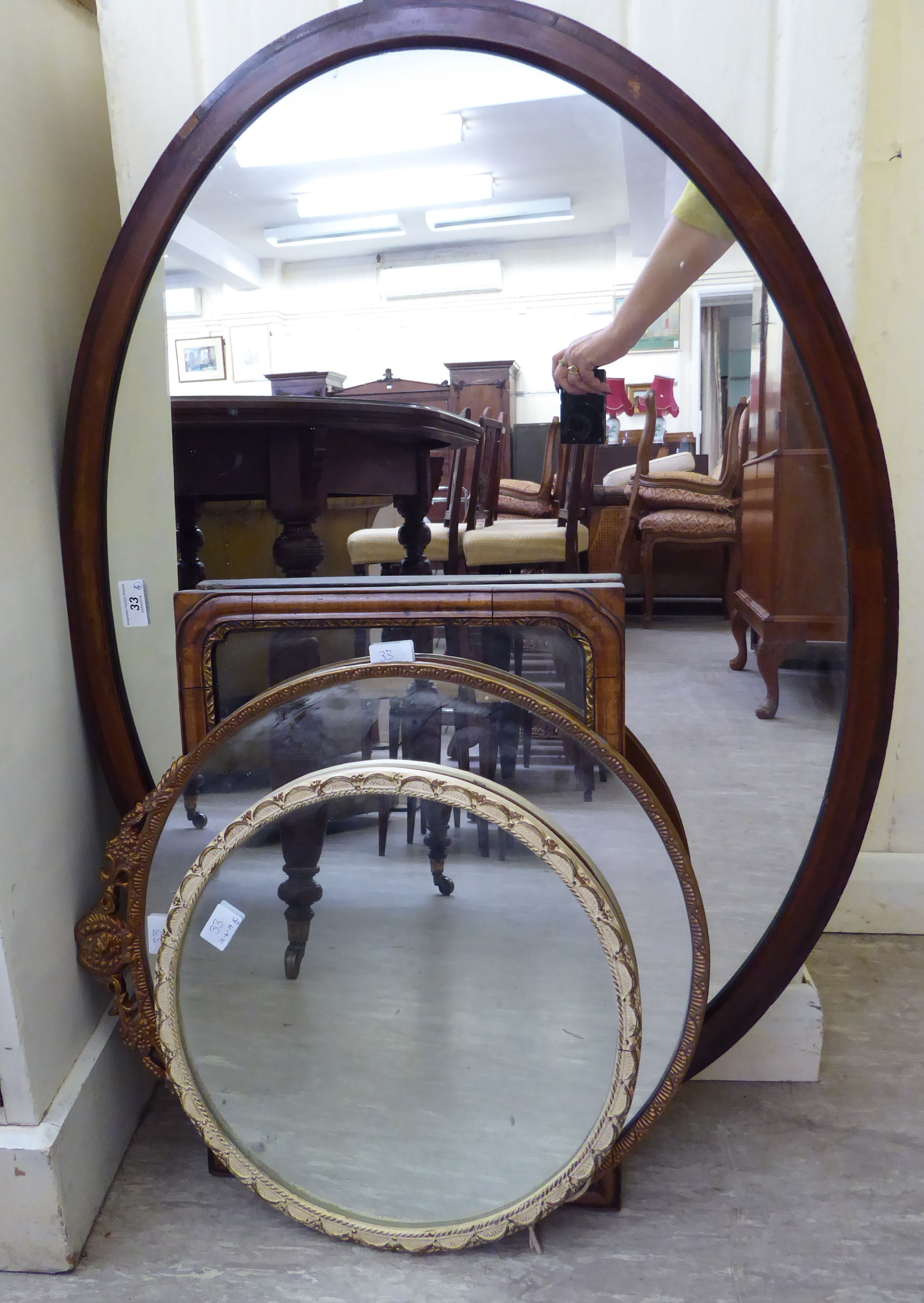 Mirrors: to include an Edwardian mahogany framed example with an oval plate 36'' x 25'' LSB