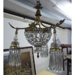 A 20thC brass and cut crystal, triple branch centre light fitting,