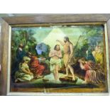 A 19thC Biblical scene 'St John Baptising Christ' back painting/print on glass 9.5'' x 13.