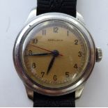A mid 20thC Longines stainless steel cased wristwatch, faced by an Arabic dial, on a fabric strap,