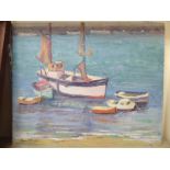 Edna D Bridge - small boats in a West Country harbour oil on board bears a signature 18'' x 22''