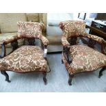 A pair of Edwardian stained beech showwood framed salon chairs, the floral patterned fabric back,