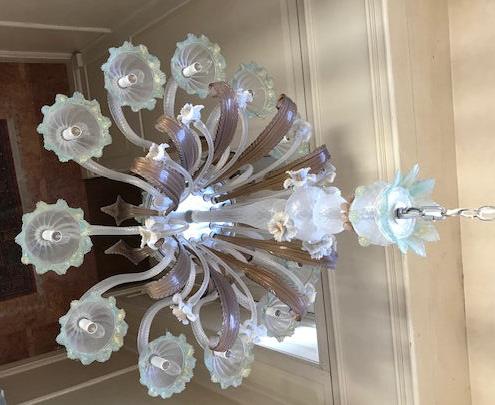 A Murano twelve branch opaque glass chandelier with a floral encrusted central column and - Image 2 of 5