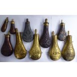 Ten copper, brass and other metal, mainly modern bag design, shot/powder flasks,