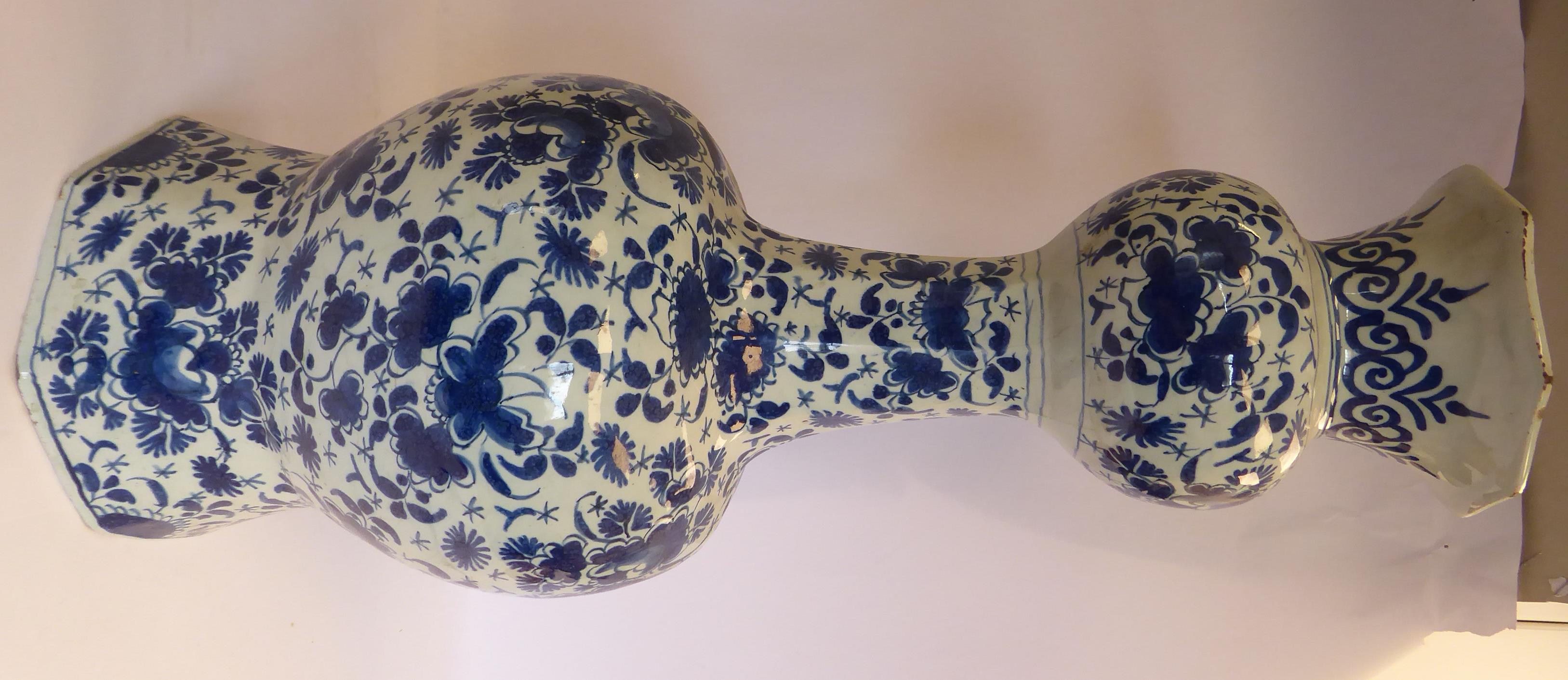 A late 18thC Dutch Delft, octagonal outlined vase of waisted bulbous form, the narrow, - Image 2 of 6