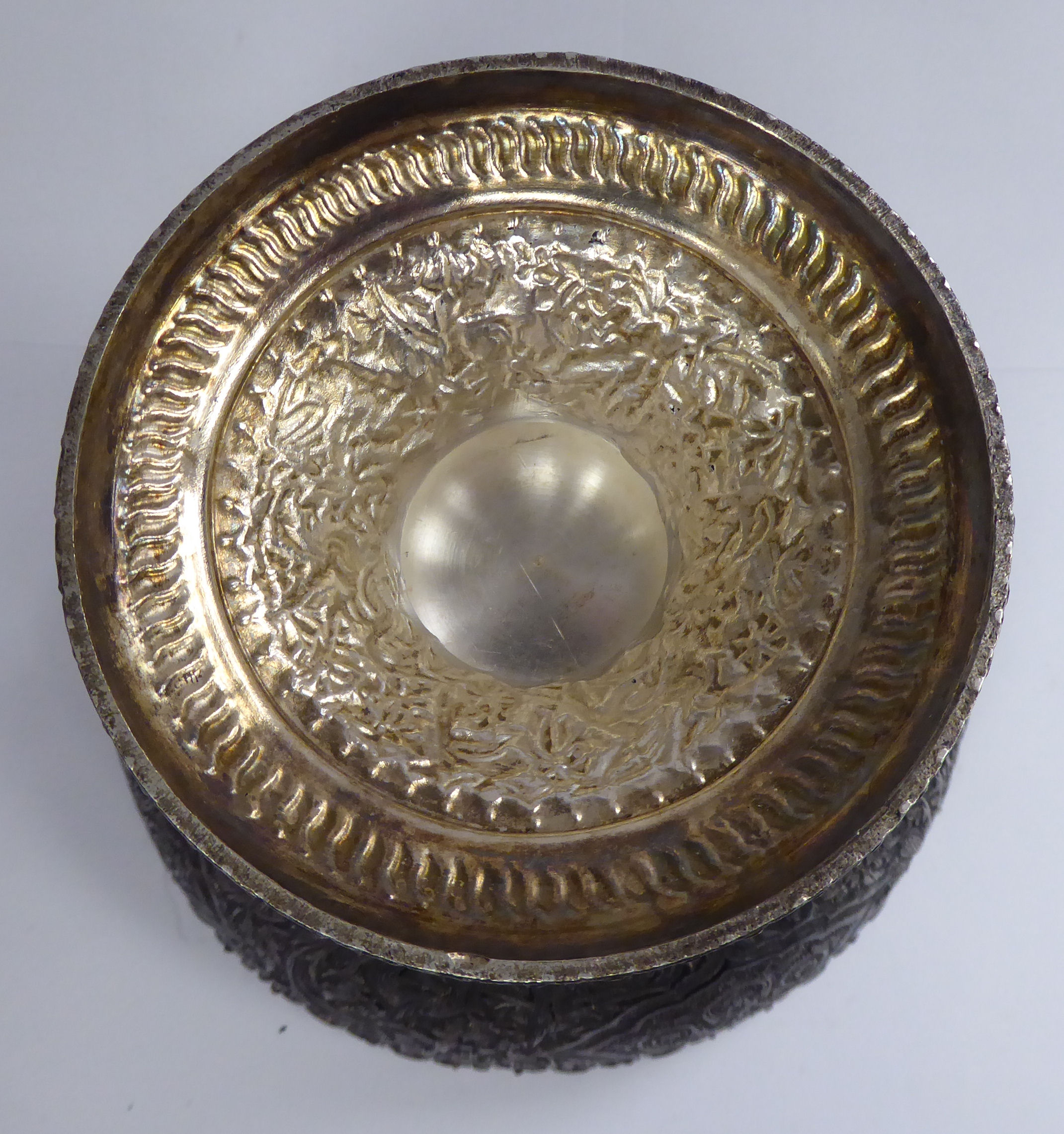 A Persian silver coloured metal bowl, elevated on a waisted pedestal foot, - Image 4 of 4