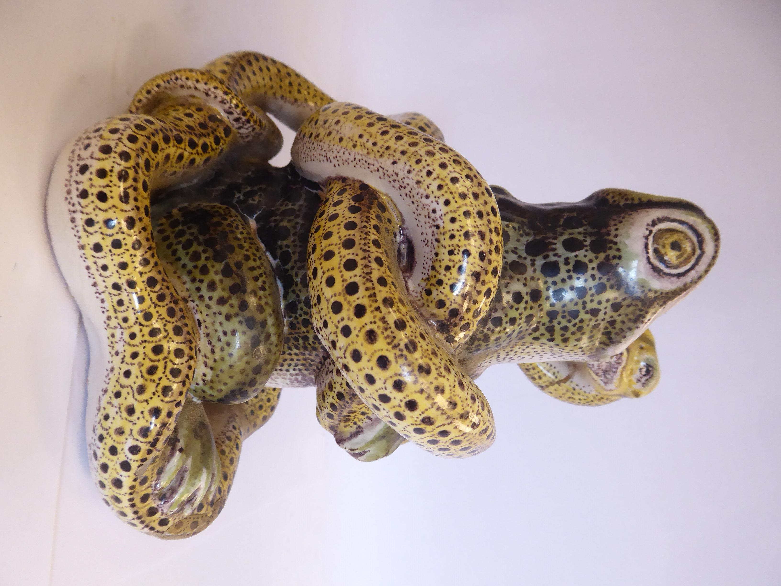 A late 19thC Continental glazed earthenware model, a toad under attack by a python 6. - Image 2 of 6