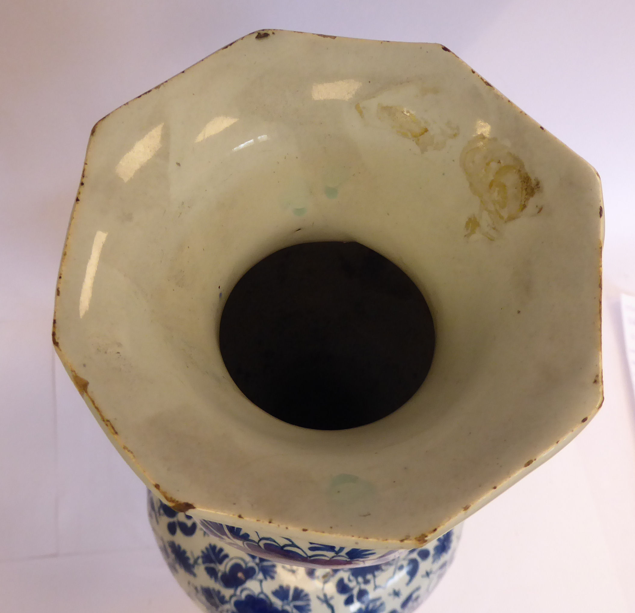 A late 18thC Dutch Delft, octagonal outlined vase of waisted bulbous form, the narrow, - Image 5 of 6