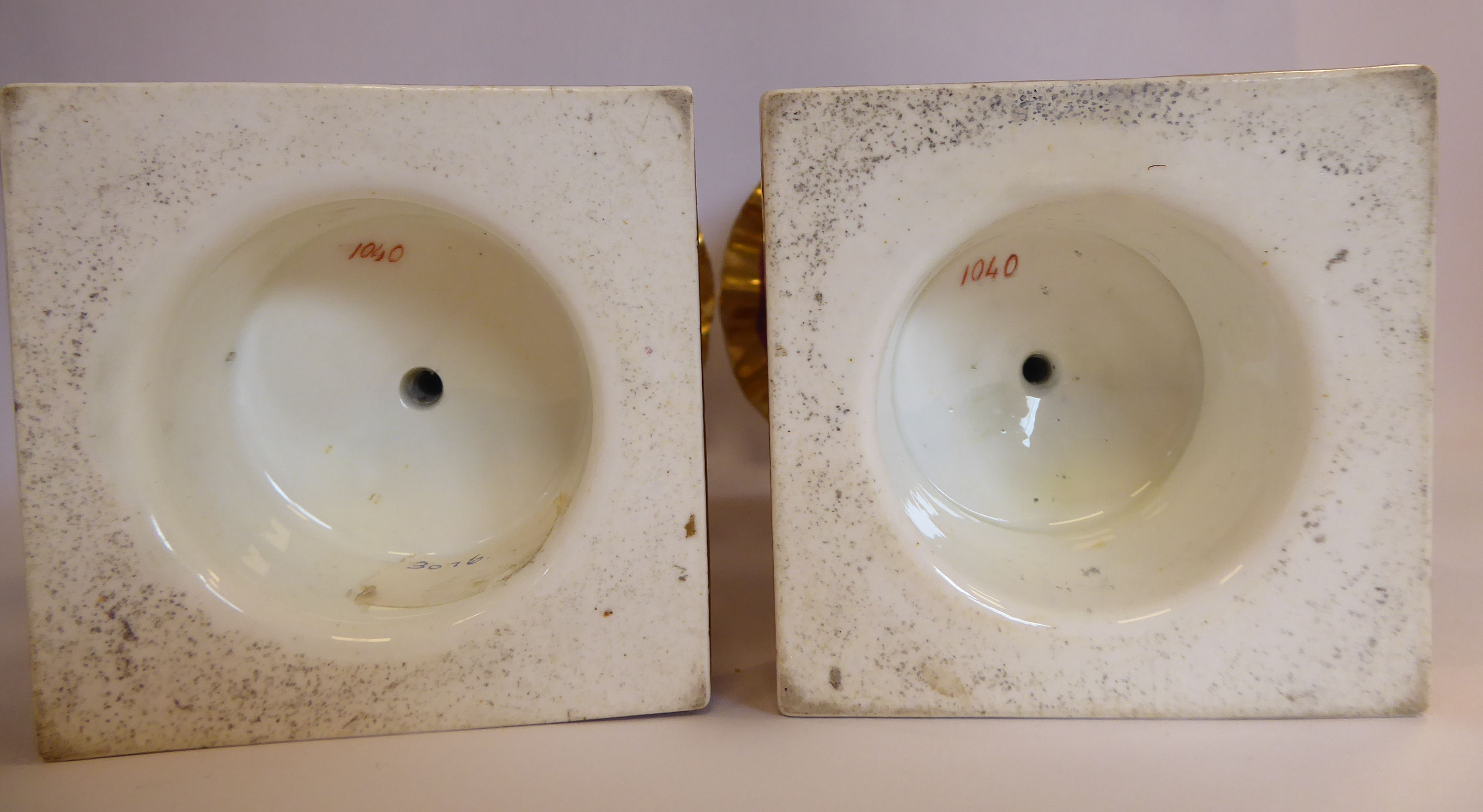 A pair of late 19thC gilded and puce coloured porcelain pedestal vases of bulbous form, having wide, - Image 6 of 6