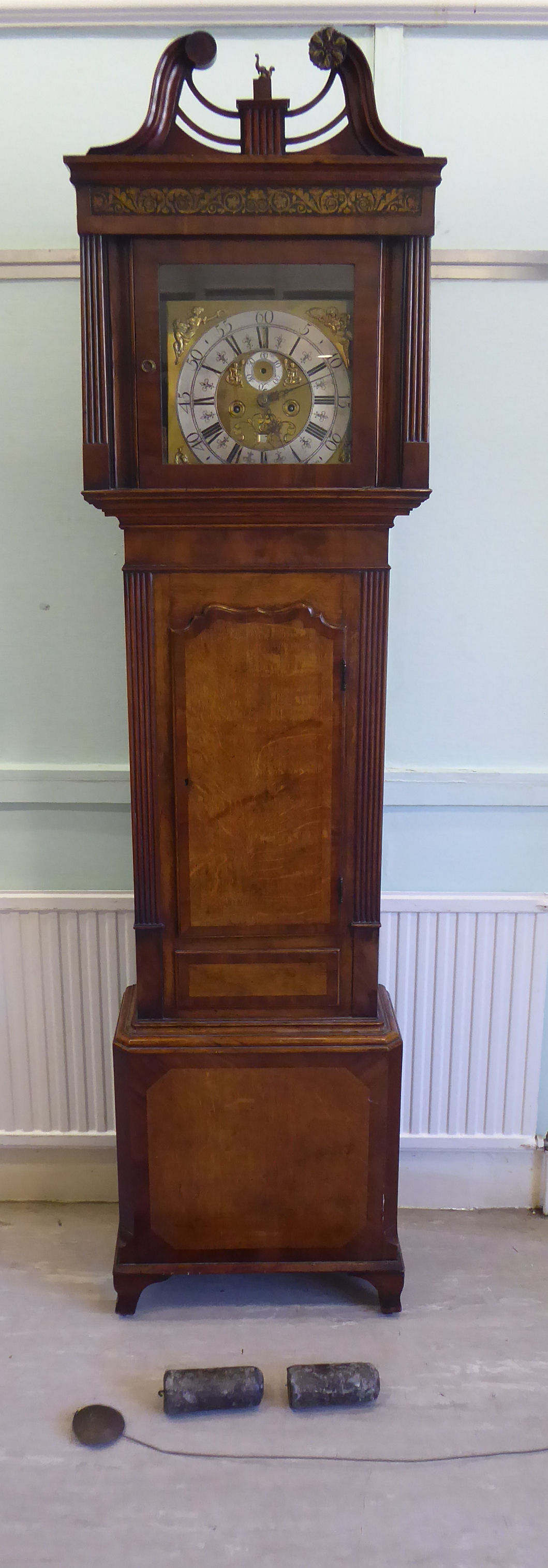 A late 18th/early 19thC oak and mahogany longcase clock with painted,