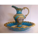 A late 19thC Sevres turquoise glazed and gilded porcelain pear shaped ewer,