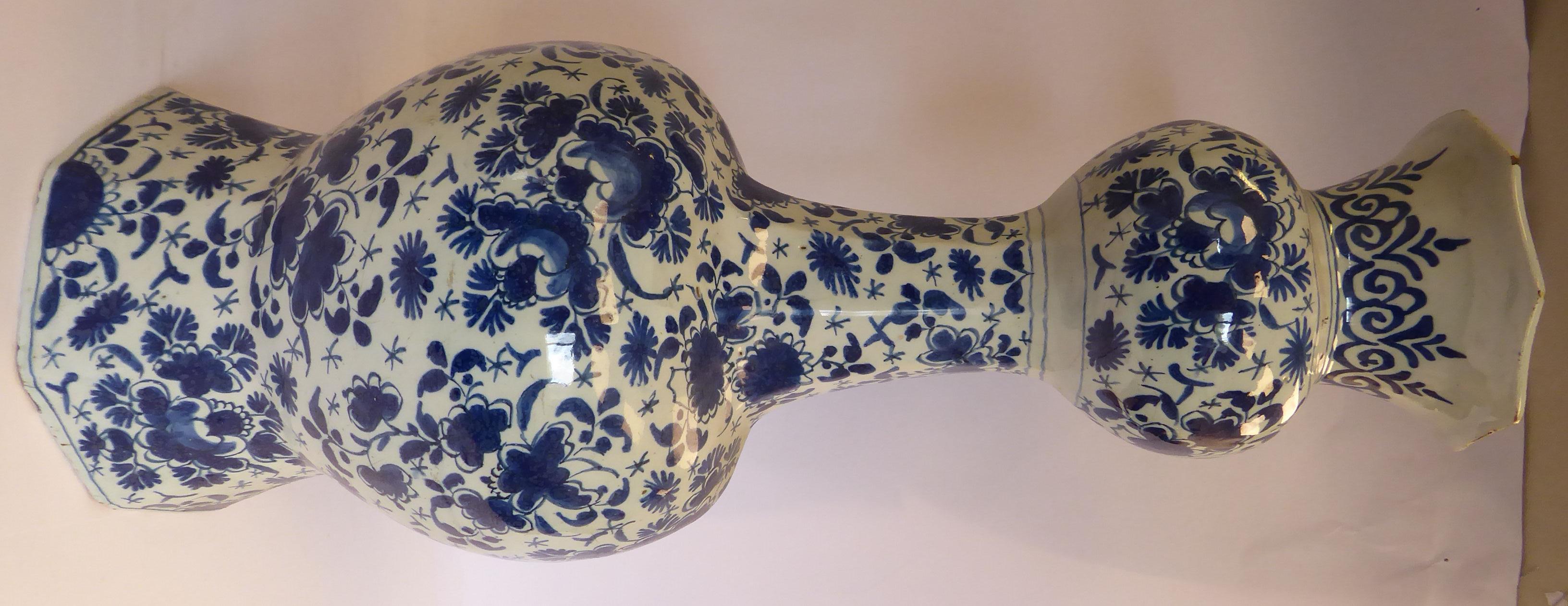 A late 18thC Dutch Delft, octagonal outlined vase of waisted bulbous form, the narrow, - Image 3 of 6