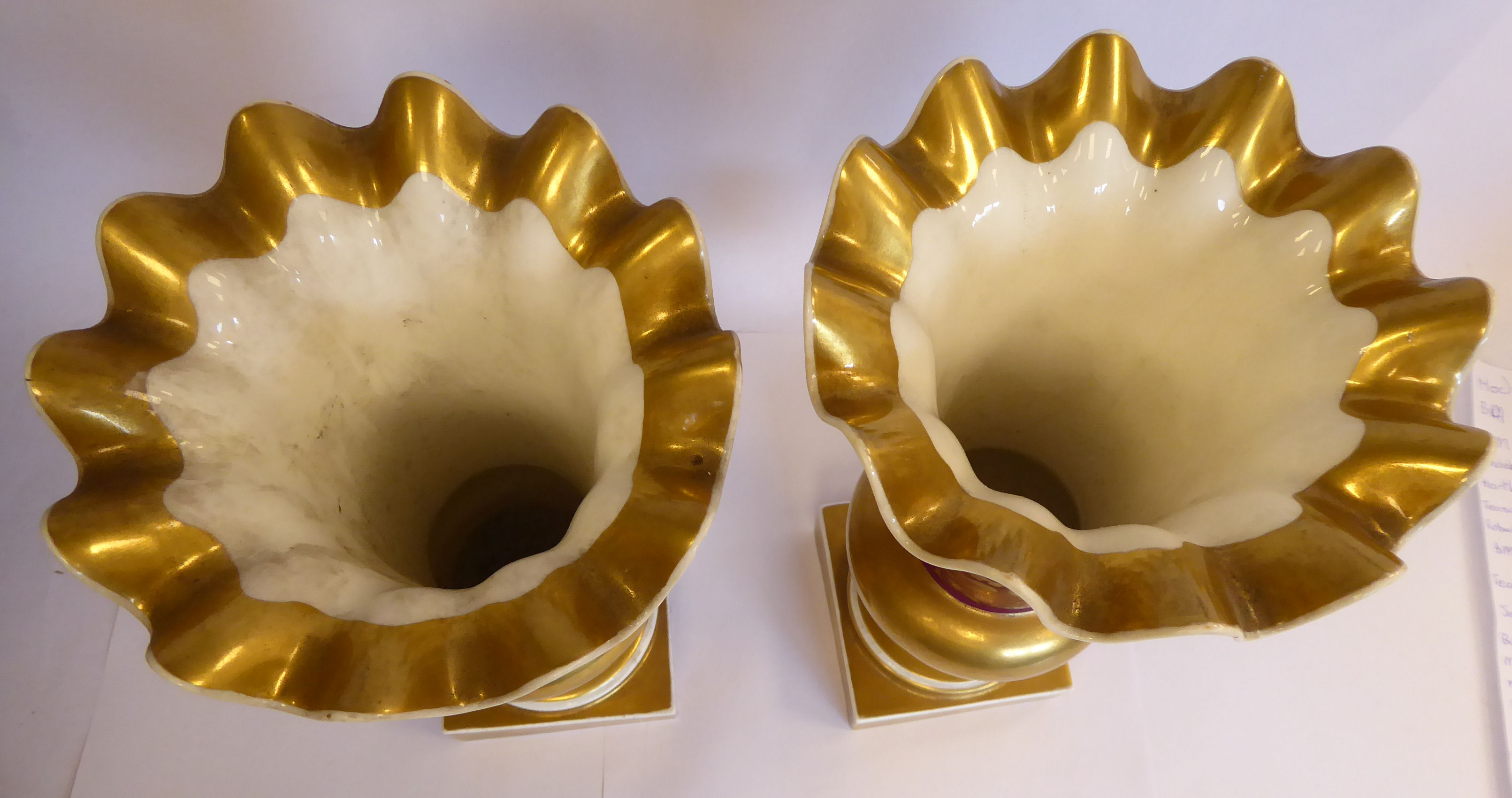 A pair of late 19thC gilded and puce coloured porcelain pedestal vases of bulbous form, having wide, - Image 5 of 6