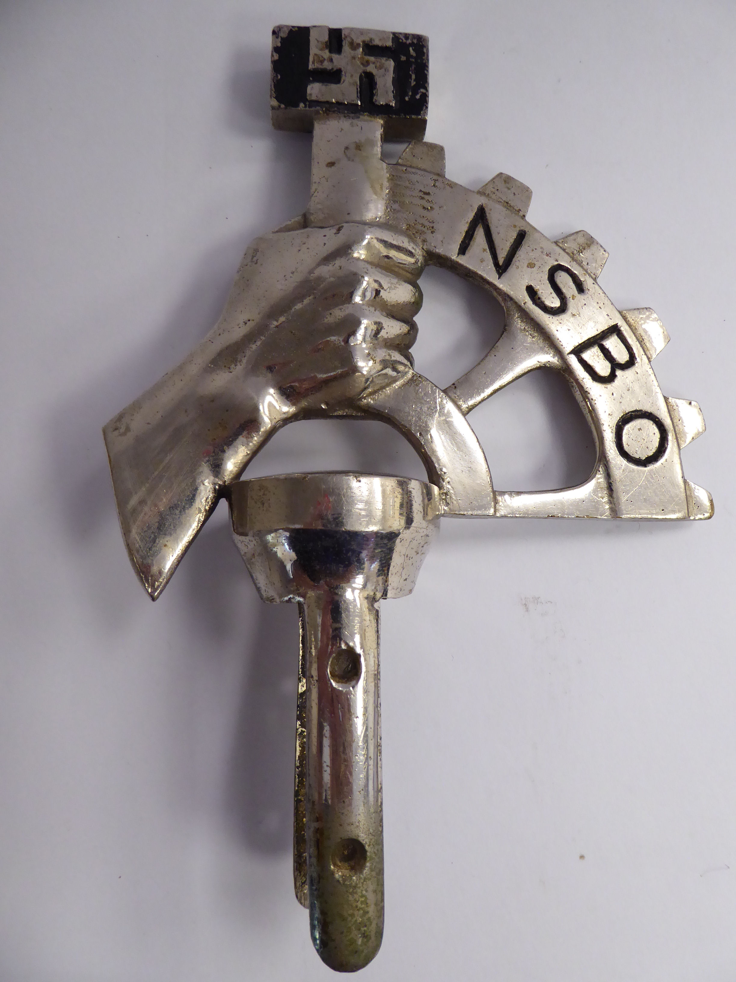 A German NSBO chromium plated steel flag finial, featuring a swastika,