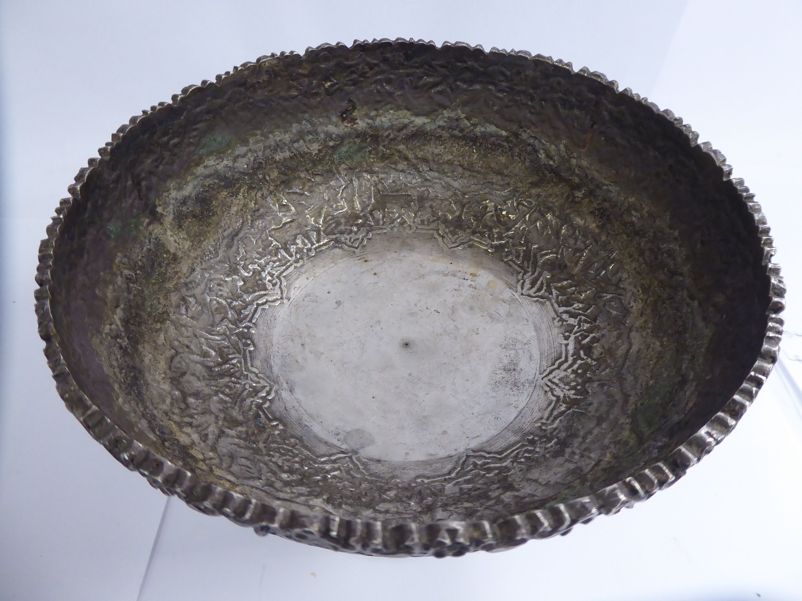 A Persian silver coloured metal bowl, elevated on a waisted pedestal foot, - Image 2 of 4