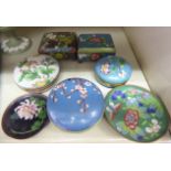 Small cloisonne collectables: to include circular dressing table jars and covers 4''dia OS1