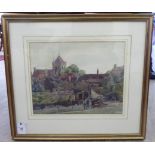 A Buck - a village scene with a church beyond watercolour bears a signature 11'' x 14'' framed