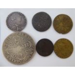 Six British coins, dated 1671, 1710, 1723, 1787,