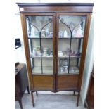 An Edwardian satinwood, string inlaid mahogany display cabinet, enclosed by a pair of glazed,