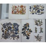 Five late 19thC arrangements of Chinese embroidery fragments,