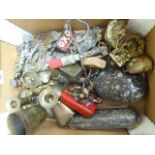 Mixed metalware: to include silver backed dressing table items mixed marks; brass candlesticks;