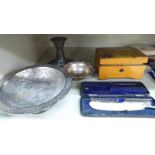 A mixed lot: to include a Tudric Moorcroft spot-hammered pewter pedestal 4''h;