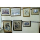 Six framed pictures: to include a figure study depicting two men wearing 19thC costume watercolour