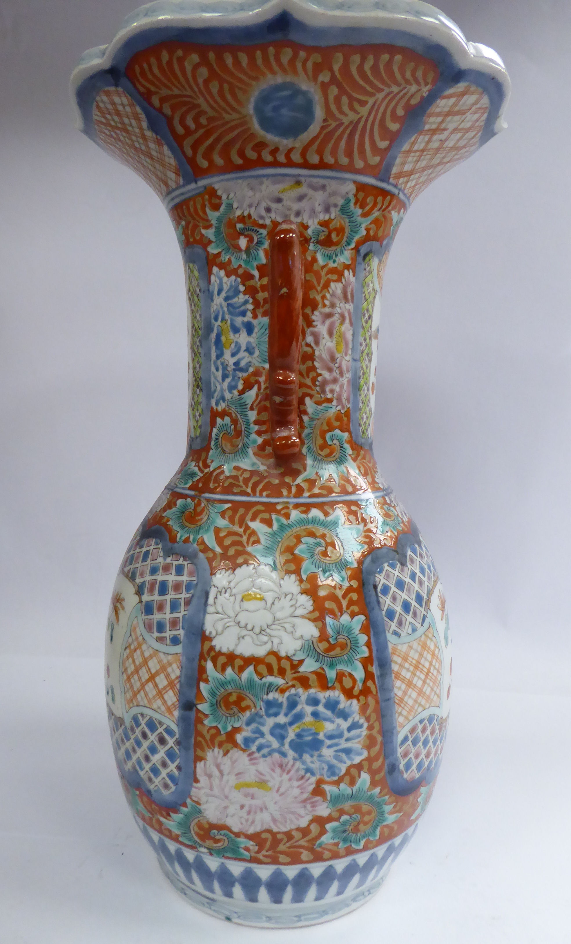A late 19thC Japanese porcelain vase of bulbous form, the wide, straight neck having opposing, - Image 2 of 6