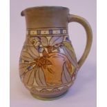 A Bursley Ware Charlotte Rhead pottery jug of ovoid form, having a wide neck and loop handle,