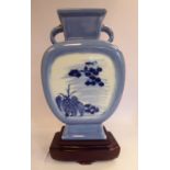 A mid 20thC Chinese porcelain vase of shouldered box design with opposing loop handles,