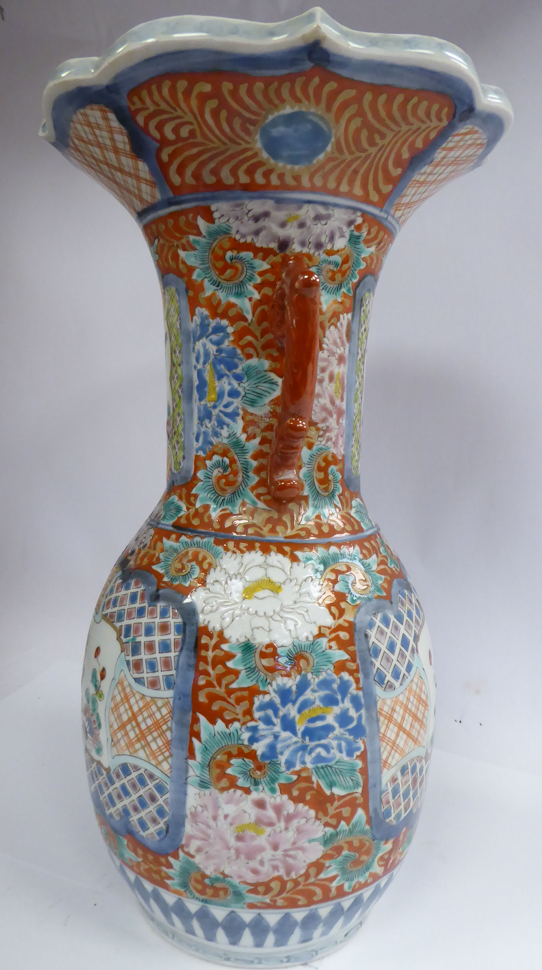 A late 19thC Japanese porcelain vase of bulbous form, the wide, straight neck having opposing, - Image 4 of 6