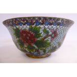 A mid 20thC Chinese brass metal and fired glass bowl, decorated with peonies 2.