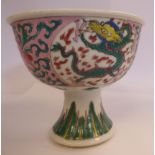 A late 19thC Chinese porcelain stem cup, decorated with panels of dragons, surrounded by foliage,