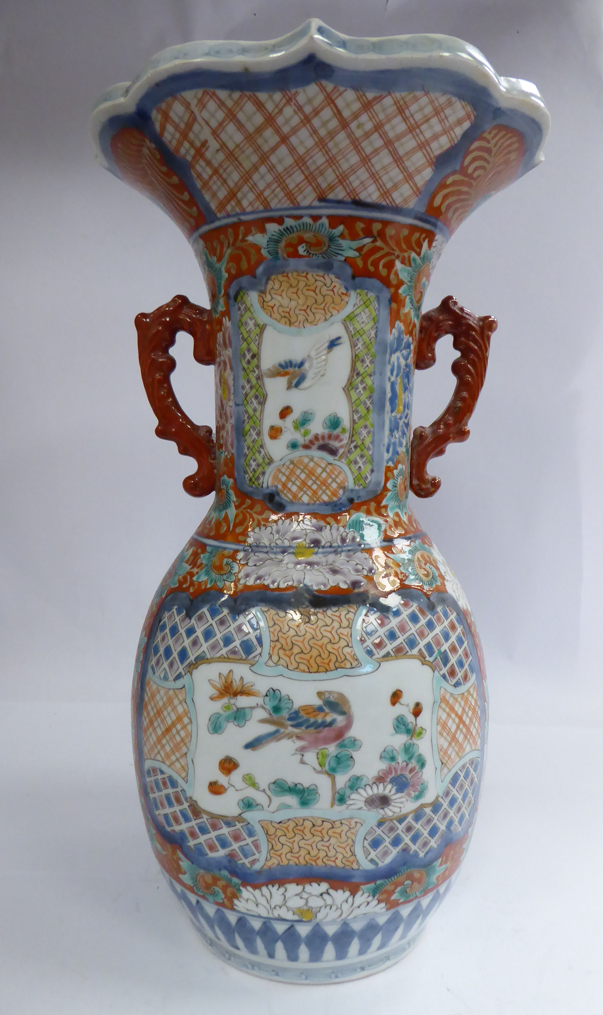 A late 19thC Japanese porcelain vase of bulbous form, the wide, straight neck having opposing, - Image 3 of 6