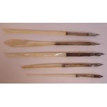 Five various 'vintage' silver coloured/white metal dip pens, having plain push nib fittings, viz.