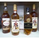 Five bottles of wine and whisky: to include Captain Morgan Original Spiced Gold OS5