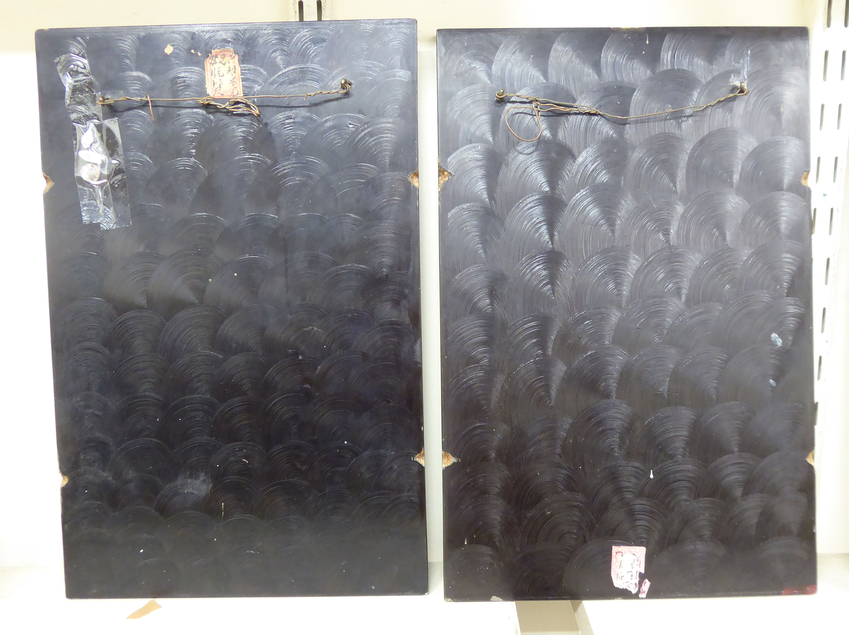 A pair of early 20thC Japanese black lacquered panels, - Image 2 of 2