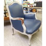 A modern French inspired grey painted salon chair with a stud upholstered back and seat,