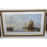 20thC European School - a working shoreline scene with fishing boats and crews watercolour 26'' x