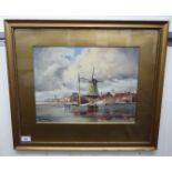 L Van Staaten - a quayside scene with a town and a cloudy sky beyond watercolour bears a